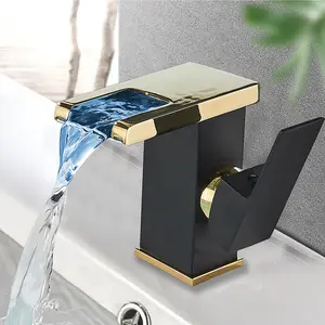 Senlesen LED Waterfall Bathroom Faucet Black Gold, Single Handle Bathroom Sink Faucet 1 Hole, LED Light Changing Vanity Faucet with Supply Lines, Stainless Steel