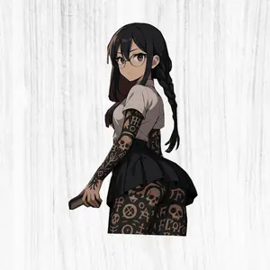 Tattoo Anime Girl With Glasses Sticker, Gothic Schoolgirl Tattoo Aesthetic Vinyl Decal Laptop Car