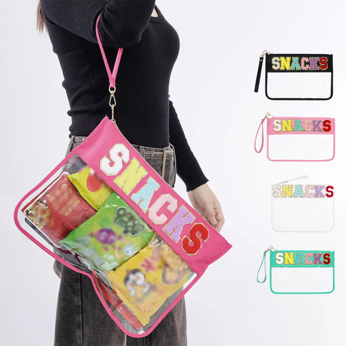 Multi-Purpose Waterproof Clear Snack Bag, Zipper & Handle Flat Purse Embroidered Letter Cosmetic Pouch for Gym, Travel & Beach