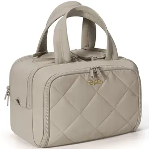 Bagstellar Double Zipper Wide-open Toiletry Bag, Lightweight Puffy Travel Bag for Women, Quilted Makeup Bag Organizer Water-resistant Cosmetic Bag with Handle for Toiletries, Essentials, Accessories