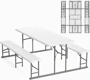 VINGLI Folding Picnic Table and Bench Set, Portable Outdoor Dining Furniture for Camping, Patio, Backyard, Wood Grain Plastic Top with Metal Frame