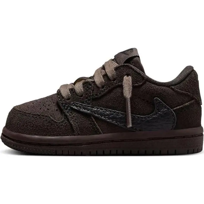 Travis Scott x Jordan 1 Low Top Sneakers - Toddler, No Heel, Round Toe, Rubber Outsole, Anti-Slip, Wear-Resistant, Dark Brown, Style DO5441-202, All Seasons Men's Casual Trainers