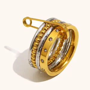 Mixed Tones Stackable Ring with Safety Pin Two Tone Design Not Removable Fashion Jewelry