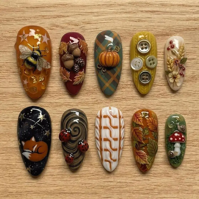 Autumn Cottagecore Press On Nails | 3D Pumpkin Bee Fox Mushroom Acorn Ladybug Fall Leaves Plaid Handmade Fake Nails