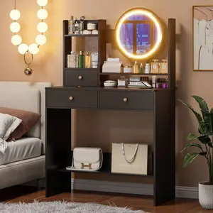 Vanity Desk With LED Lighted Mirror, Makeup Vanity Desk With 3 Drawers & Storage Shelves, 3 Color Modes, Dressing Table For Bedroom