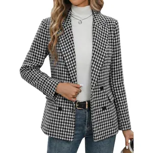 Mina Self 2026 Spring Women's Tweed Houndstooth Blazer Jacket - Plaid Fully-Lined Double-Breasted Casual Work Trendy Pocket