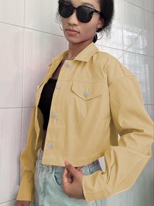 women's solid button front drop shoulder crop jacket, casual long sleeve collared coat for fall & winter, ladies clothes for daily wear, longsleeves womenswear