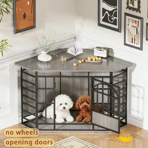 52 Inch Corner Dog Crate Furniture Wooden Dog Kennel Indoor End Table Modern Dog Cage Decorative Pet House TV Stand for Large Medium Dogs Vintage Brown Durable Enclosed Space-Saving Design