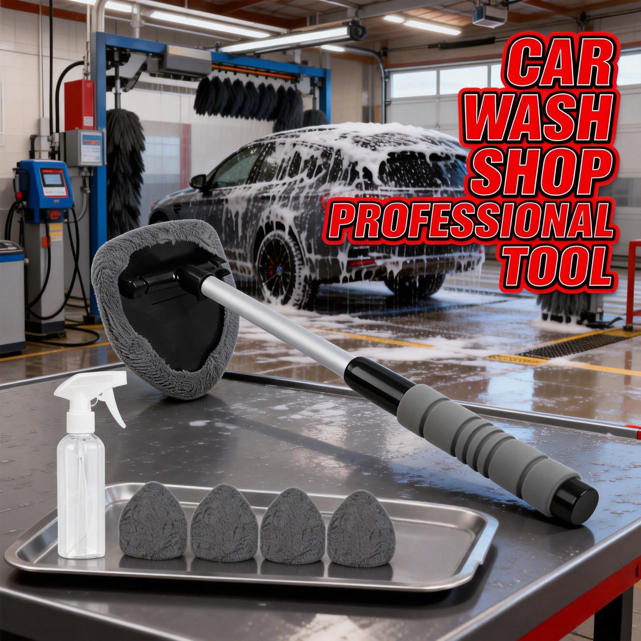 Windshield Cleaning Tool, Car Interior Window Cleaning Kit with Extendable Handle & 3Microfiber Pads, Auto Inside Glass Wiper Kit for Car & Home Windows