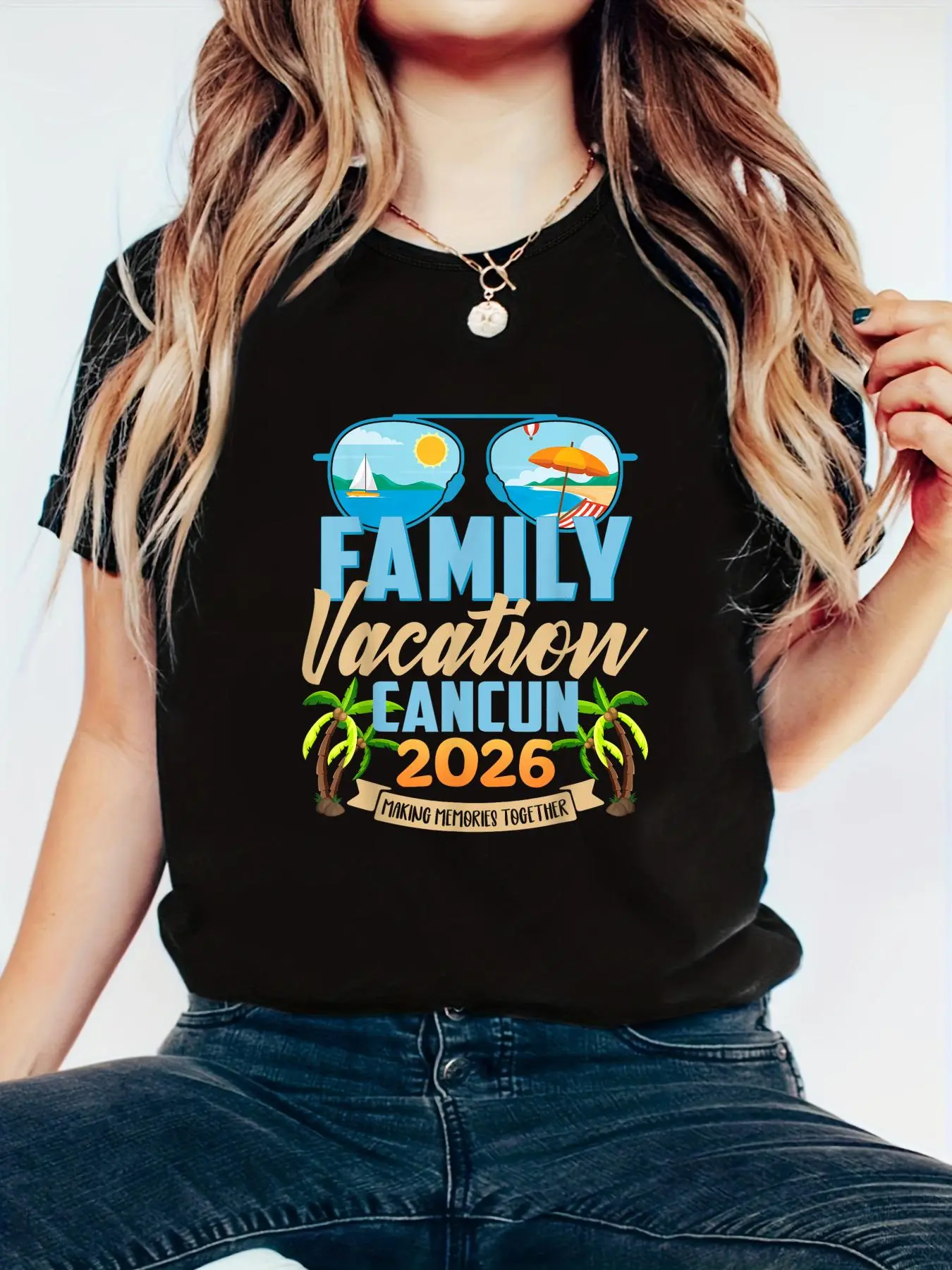 Women's Cancun 2026 Graphic T-Shirt - 100% Cotton Round Neck Top in a Unisex Relaxed Fit, A Vacation Vibe You'll Love for a Family Cruise
