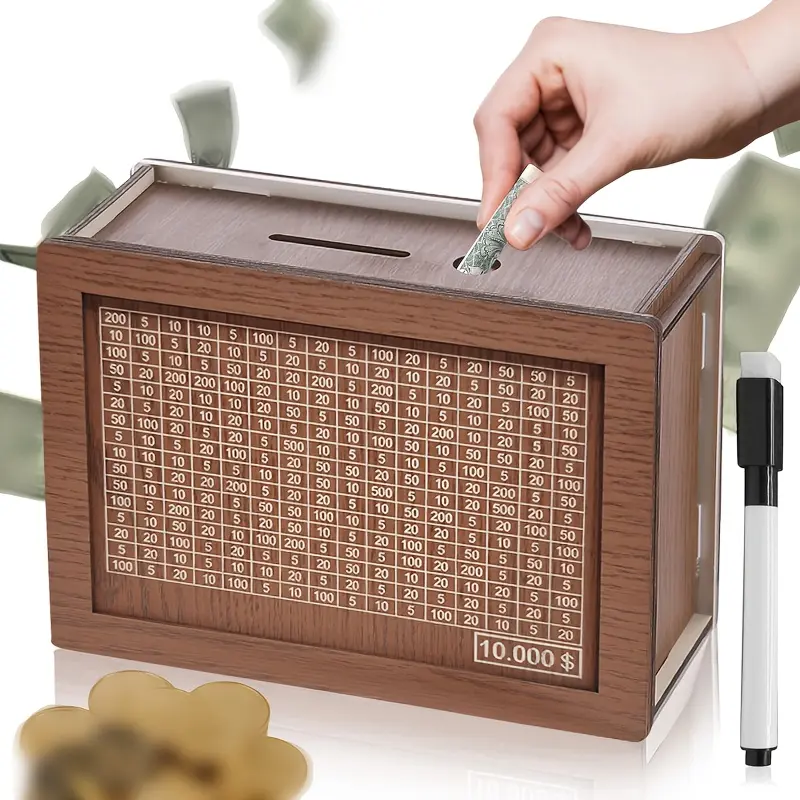 Wooden $5000 Money Saving Challenge Box - Fun Cash Saving Bank with Tracker Chart, Financial Goal Jar for Adults, Budgeting Gift Idea