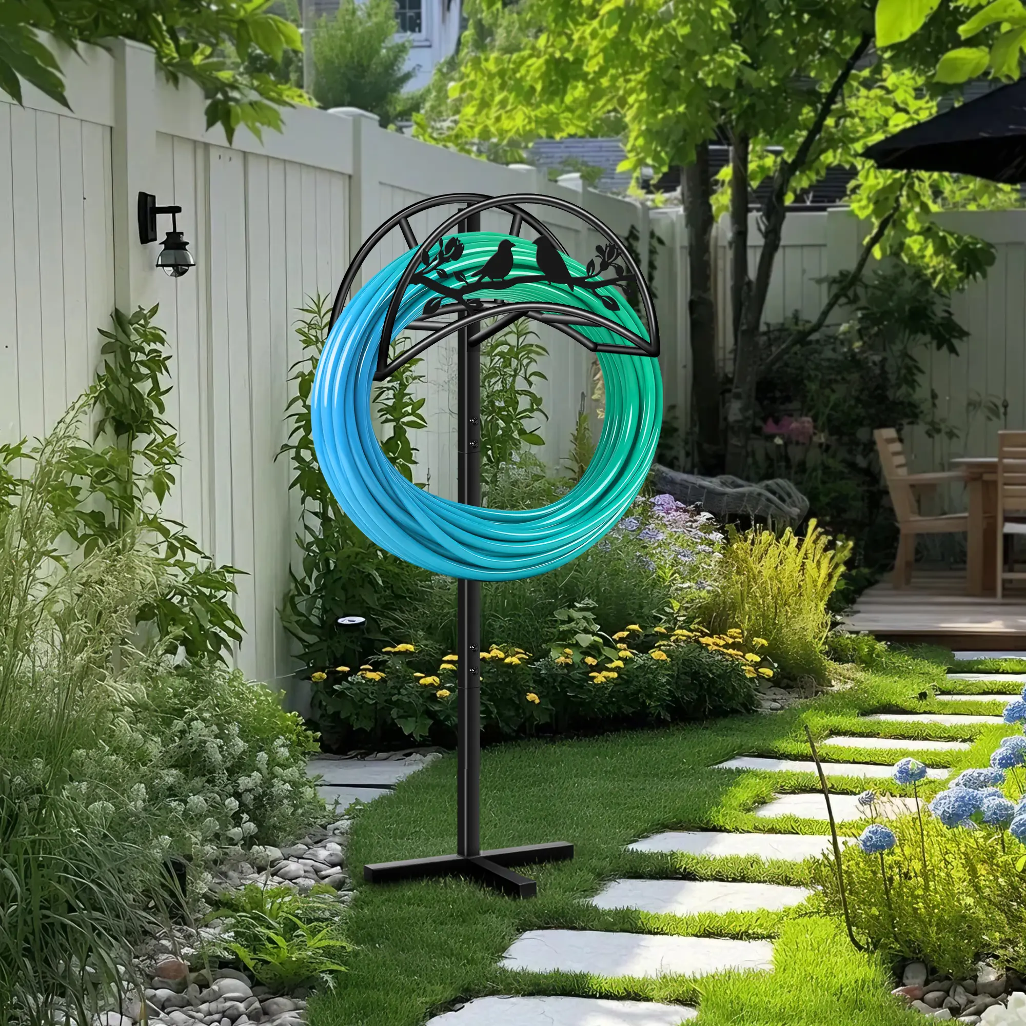 Heavy-Duty Metal Frame Garden Hose Holder with Bird Cutout Silhouette - Outdoor Decor Ground Stake Organizer with 3-Prong Spike Base, Weather-Resistant Durable Watering Equipment for 150FT Hose Storage, Yard Lawn Home Improvement