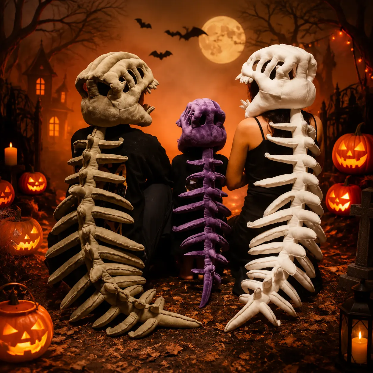 Halloween Cosplay Plush Skeleton Dinosaur Skull & Spine Costume Headpiece Plushie – Wearable Plushie Spine Tail & Skull Hat, Gothic Cosplay Outfit for Kids & Adults, Spooky Family Matching Costume