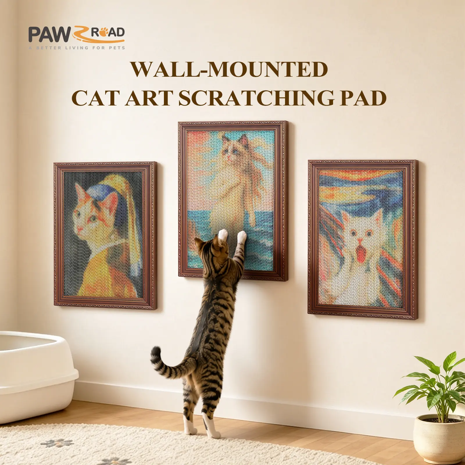 PAWZ Road Wall Mount Cat Art Scratching Pad, Framed Corrugated Cat Scratcher, Drill-Free Replaceable Cat Scratch Board