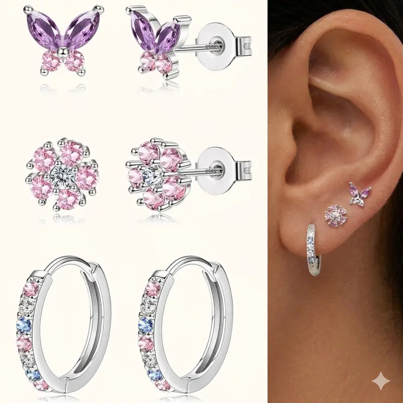 Women's 3-Pair 925 Sterling Silver Earring Stacking Set, Hypoallergenic 20G =0.8Mm Stacked Studs-Huggies-Circular Earrings, Dainty Flower-Butterfly Designs for Casual Multiple Piercings (Silver/Gold Options, Comfortable to Wear)