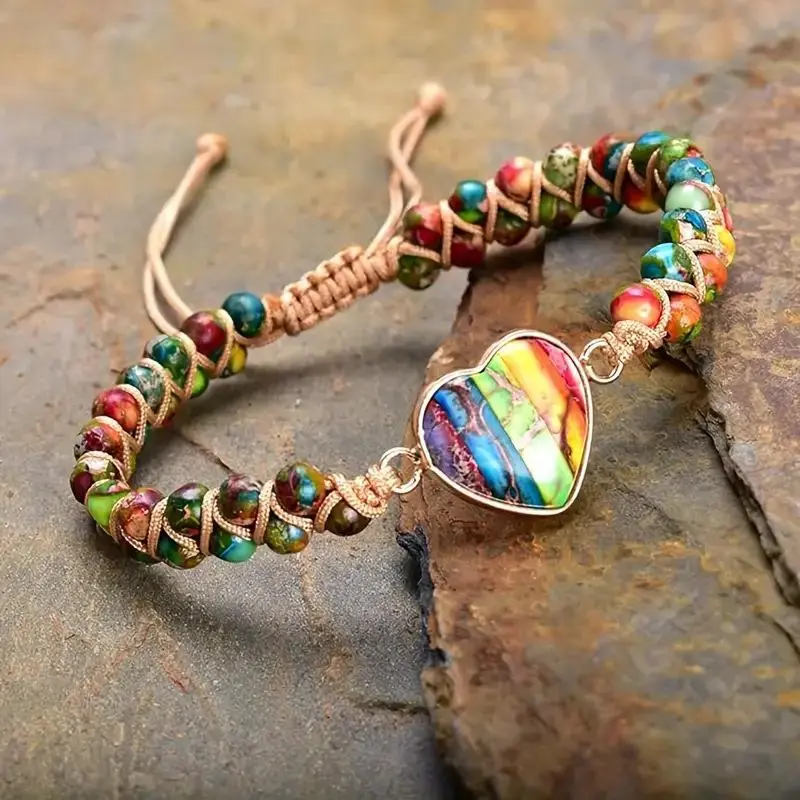 Handmade Woven Bracelet with Heart-Shaped Emperor Stone, Adjustable Unisex Jewelry for Anniversary, Confirmation & Back to School, 6.2-11 Inches, Elegant, Birthday, Braided Rope, Daily, Gemstone, Hand-Woven, Natural, Motivational, Positive And Happy Attit