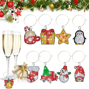 8pcs DIY Christmas Diamond Art Wine Glass Charms for Drinks Acrylic Double Sided Crystal Rhinestone Drink Markers Diamond Painting Christmas Decoration for Cups, Xmas Gifts for Friends and Family, Suitable for Wedding, Christmas, New Year Party Decor