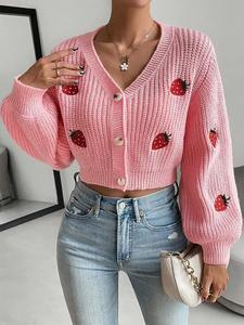 women's strawberry embroidery button front crop cardigan, casual drop shoulder long sleeve v neck knitwear for fall & winter, fashion ladies' knit clothing for daily wear，pink cardigan