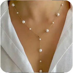 Lariat Necklace for Women - Dainty Long Necklace 14k Gold Plated Simple Gold Charm Jewelry For Women Gift