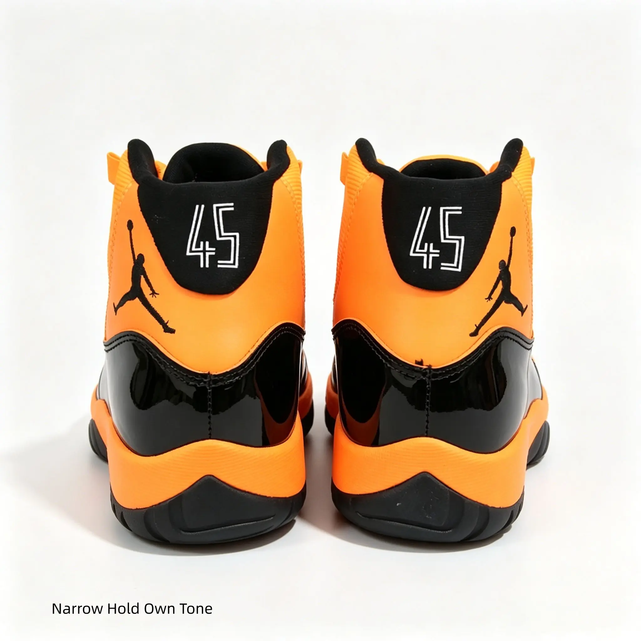 Classic retro vibrant two-tone mid-top basketball sneakers, constructed with soft fabric and glossy patent leather, eye-catching orange black color block design. Neutral streetwear for training, city travel and all daily casual outfits.