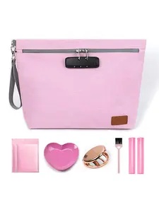 Egooz Pink Smell Proof Organizer Bag with 10 PCS Accessories & Combination Lock, Makeup Organizer Pouch, Portable Travel Cosmetic Case with Secure Zipper Design, Travel Cosmetic Bags (Medium Size, 11.8 x 9.8 Inches)