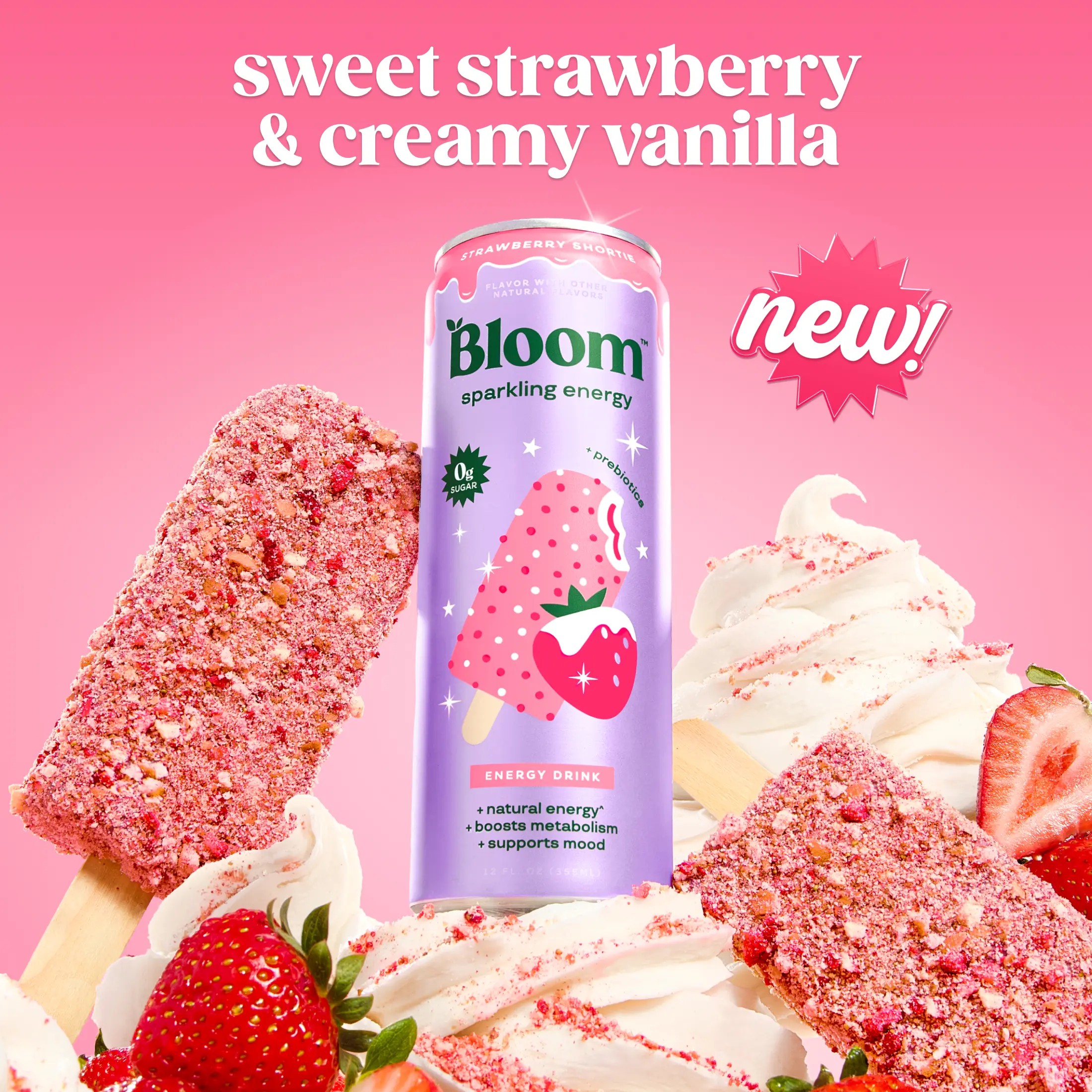 Strawberry Shortie - Bloom Sparkling Energy Drink - Natural Caffeine, Zero Sugar, 180mg Caffeine - Antioxidant-Rich with Green Coffee Bean, Green Tea Extract, Prebiotics, 12oz 12 Pack