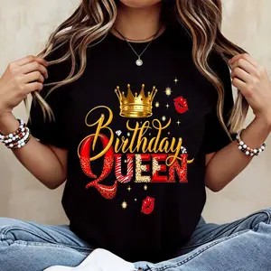 Birthday Queen Crown And Lip Print T Shirt White Casual Loose Fit For Everyday Wear And Leisure Activities