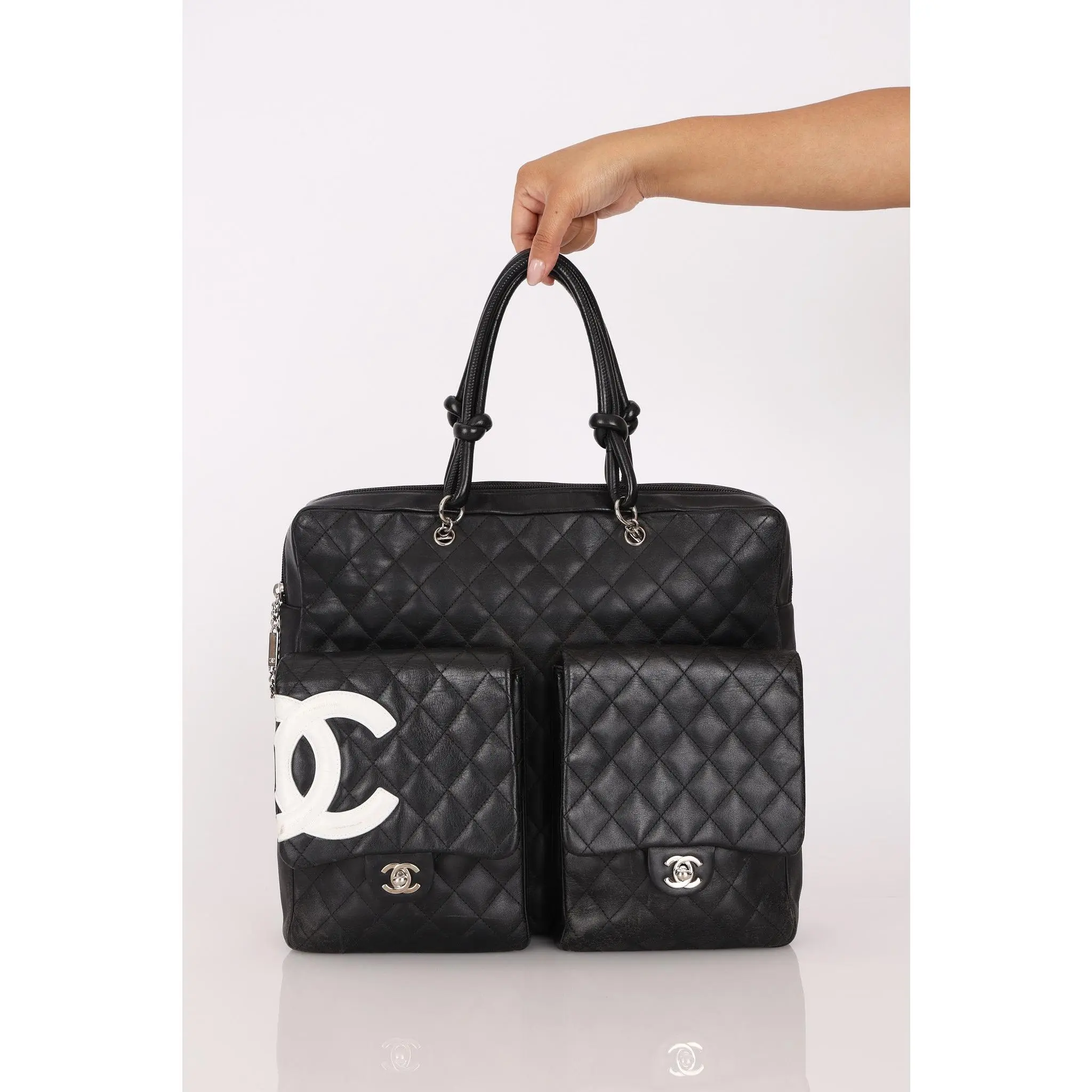 Pre-owned CHANEL Designer Handbag/Wallet Rare Large Cambon Multipocket Reporter Briefcase Black Lambskin 2005 SHW Drop 48