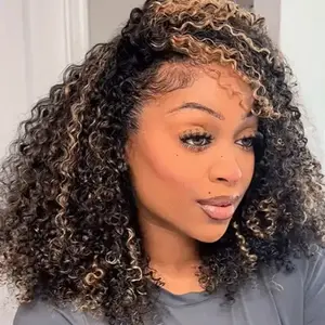 CurlyMe 250% Density Highlight Brown Kinky Curly Half Wig Draw-strings Flip Over Wig
