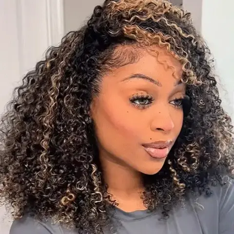 CurlyMe 250% Density Highlight Brown Kinky Curly Half Wig Draw-strings Flip Over Wig