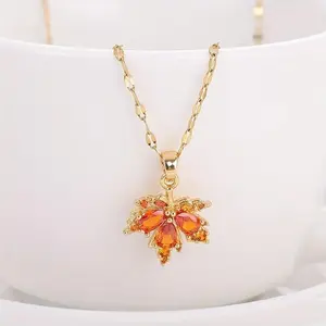 Necklace Featuring a Red Maple Leaf Pendant, Fashionable Jewelry for Women