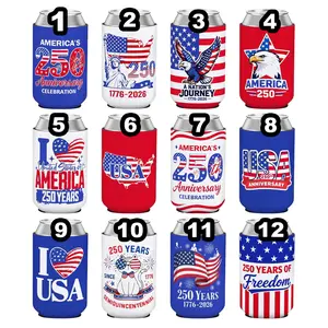 4th of July USA Can Cooler Sleeves, 250th Anniversary 1776–2026 Drink Insulator, Patriotic Party Favors, Collapsible Beverage Holders