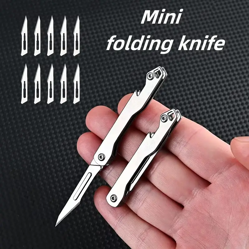 Stainless Steel Mini Craft Knife with Bottle Opener, Sharp Paper Cutting Blade, Replaceable Blades, Keychain Multi Tool, EDC Survival Tool, Outdoor Survival Gear, Outdoor Survival Tools, Outdoor Gift for Camping Hiking Fishing Edc, Folding Pocket Knives