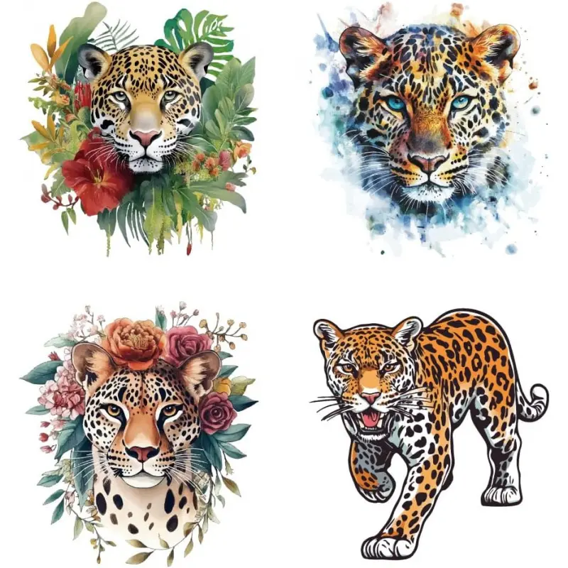 4 Pcs Leopard Iron on Decals Patches, 4 Sizes Flowers Plants Animal Beast Iron on Stickers Hunting Leopard Heat Transfer Stickers PET Washable Patches for DIY Clothes Decor