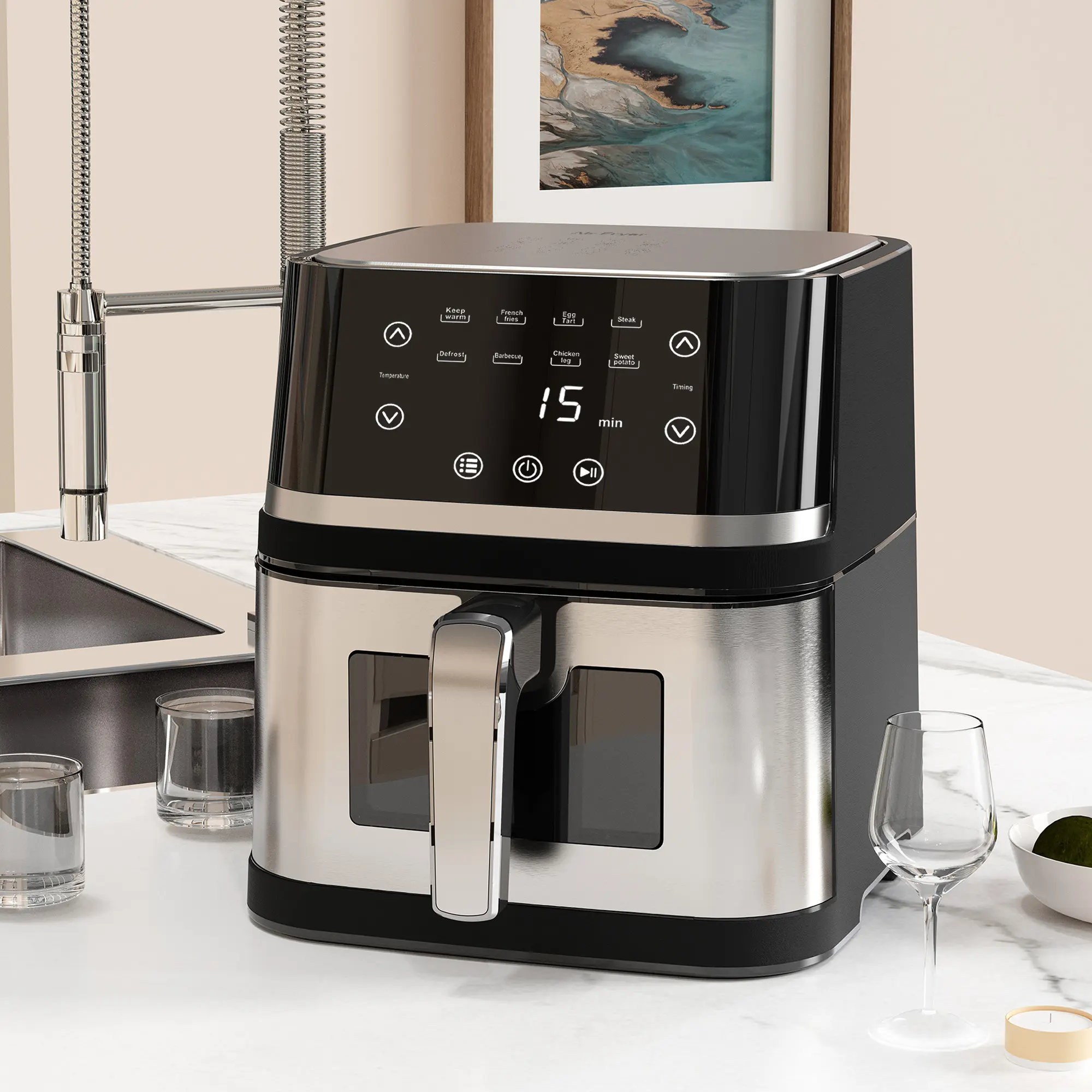 Stainless Steel 8Qt Large Digital Air Fryer with Glass View Window for Kitchen Use,Nonstick,Touchscreen Display,400F,Kitchen Appliances,NonStick Basket,Black airfryer