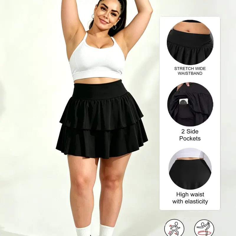 Plus Skort Womens Tennis Skirt Pleated Athletic Skirts with Pockets Shorts Women's Plus Size Layered Ruffle Short Skirt High Waisted Golf Skort Stretchy Sports Skort for Workout