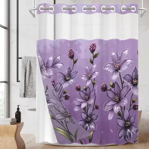 1pc hookless shower curtain with buckle lining, spring-themed purple floral design with 2D flat printing, waterproof fabric lining, double-layered shower curtain with see-through window, 71 x 74 inches, modern home draping curtain, Flower Shower Curtain
