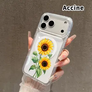 Clear Magnetic Case for iPhone 16 Pro Max Plus 15 14 13 12 11 E Sunflower Duo Grace  Hard Acrylic Back Soft Edge Four Corners Bumper Shockproof Cover Shell Gift