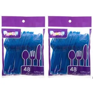 Blue Heavy Duty Plastic Cutlery Sets - 32 Spoons, 32 Forks, 32 Knives - 2 packs of 48 each, 96 pcs total