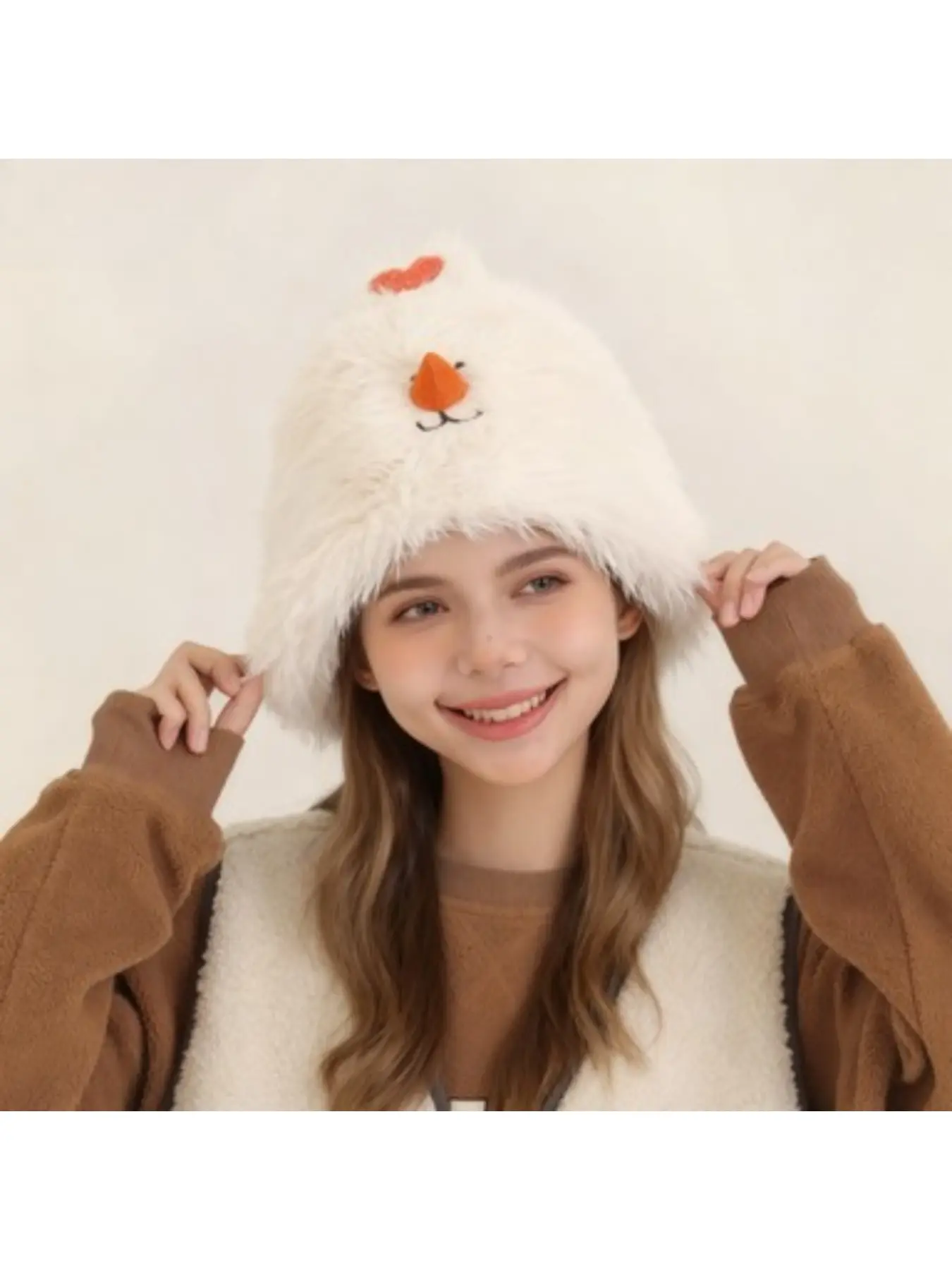 New Autumn/Winter Small Snowman Fleece Hat for Women, Autumn/Winter Basin Hat, Ear-Covering Fisherman Hat, Cute Warm Full-Coverage Hat That Makes Face Look Smaller