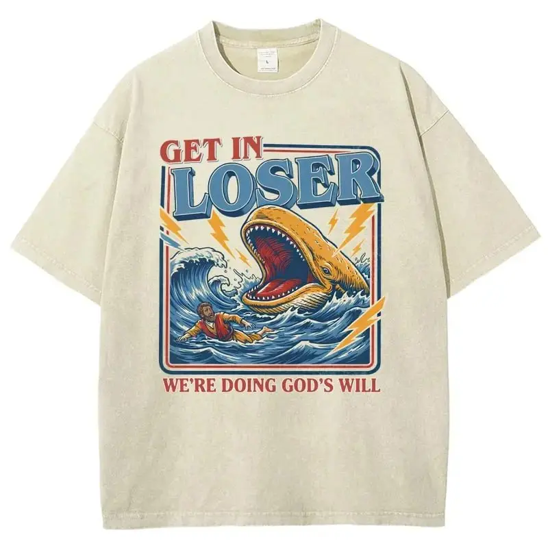 [SALE 60%] Get In Loser We're Doing God's Will Jonah Whale T-Shirt – Vintage Bible Story Graphic Tee, Funny Christian Retro Cream Shirt for Men & Women