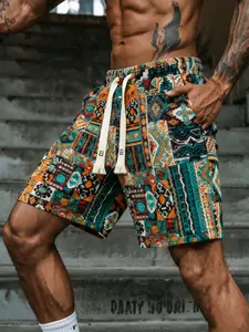 Vintage Embroidered Men's Casual Shorts, Elastic Drawstring Waist, Trendy Five-Quarter Pants, Summer Streetwear, Breathable Comfort