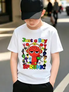 Sprunki Themed Boys' Black, Purple & White Tees | Summer Full Character Print, Cool & Versatile, Perfect for School, Sports & Hangouts! Art Graphic Tee#Kids Multi Color Trendy Tees #Sprunki Themed Kids Wear