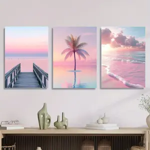 3pcs, Pink Sunset Beach Artistic Canvas Print Art - Wooden Pier with Coconut Trees & Ocean View, Tropical Beach Scene Ocean Inspired Design Wall Art Decoration for Home, Office, or Living Room, Beach Theme Decor, Unframed