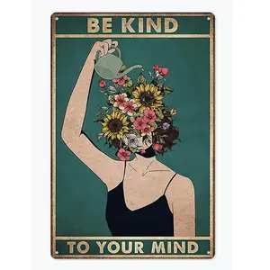 Be Kind to Your Mind Vintage Tin Signs Hippie Boho Wall Art Encouragement Gifts for Women Home Office Bedroom Living Room Cafes Wall Decor 8x12 Inch