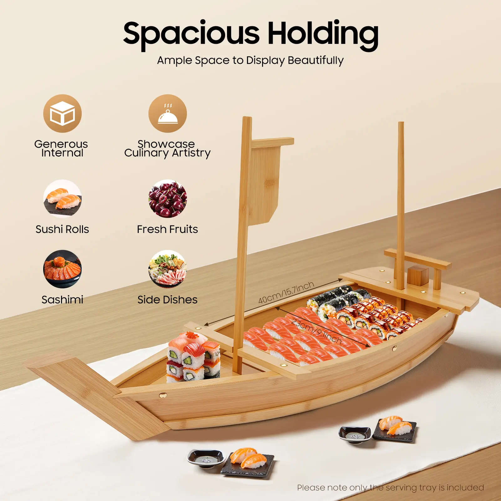CNCEST 31.5-Inch Bamboo Boat Shape Sushi Boat Tray for Restaurants, Detachable Eco-Friendly Wear-Resistant Kitchenware, Dry Ice Compatible Display Tray Plates with Ample Space for Sashimi Appetizers, Durable
