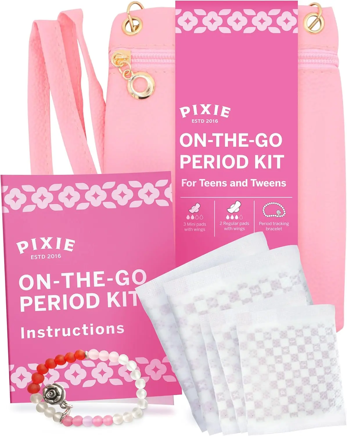 Pixie First Period Kit for Girls 9-12 - Best Organic Cotton Teen Pads with Wings - Period Tracking Bracelet & Discreet Crossbody Bag - On-The-Go Tween Starter Kit & Feminine Care Hygiene Essentials