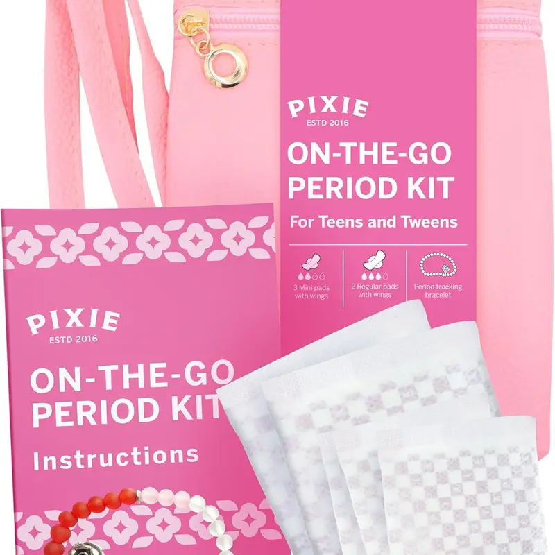 Pixie First Period Kit for Girls 9-12 - Best Organic Cotton Teen Pads with Wings - Period Tracking Bracelet & Discreet Crossbody Bag - On-The-Go Tween Starter Kit & Feminine Care Hygiene Essentials