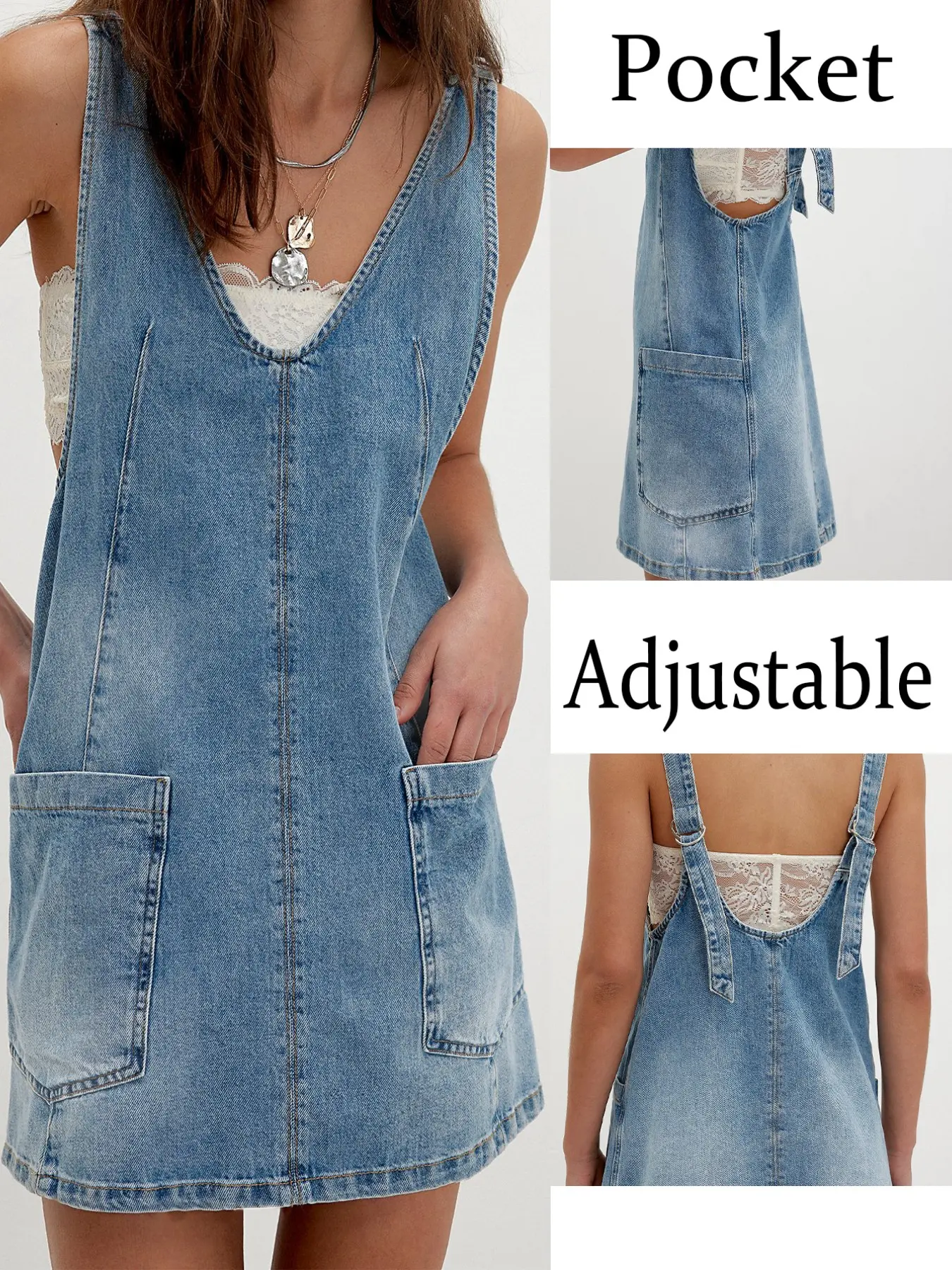 Women's Denim Sundress with Large Pockets, Adjustable Straps, Loose Fit Design, Short, Sleeveless, Solid Pattern, Basic Casual, Minimalist & Versatile Style, Perfect for Daily Wear, Comfortable & Stylish
