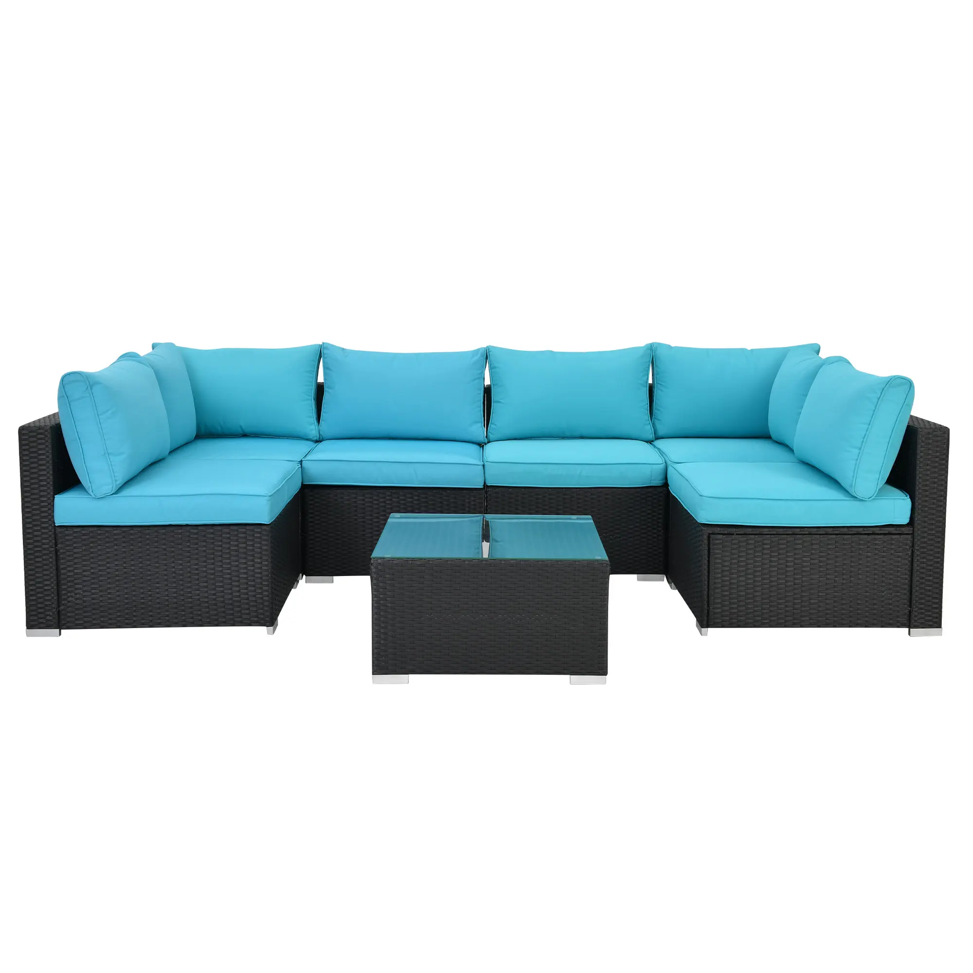 Naga Bahna 7-Piece Outdoor Sectional Sofa Set – Rattan Patio Furniture with Cushioned Wicker Chairs & Glass Table